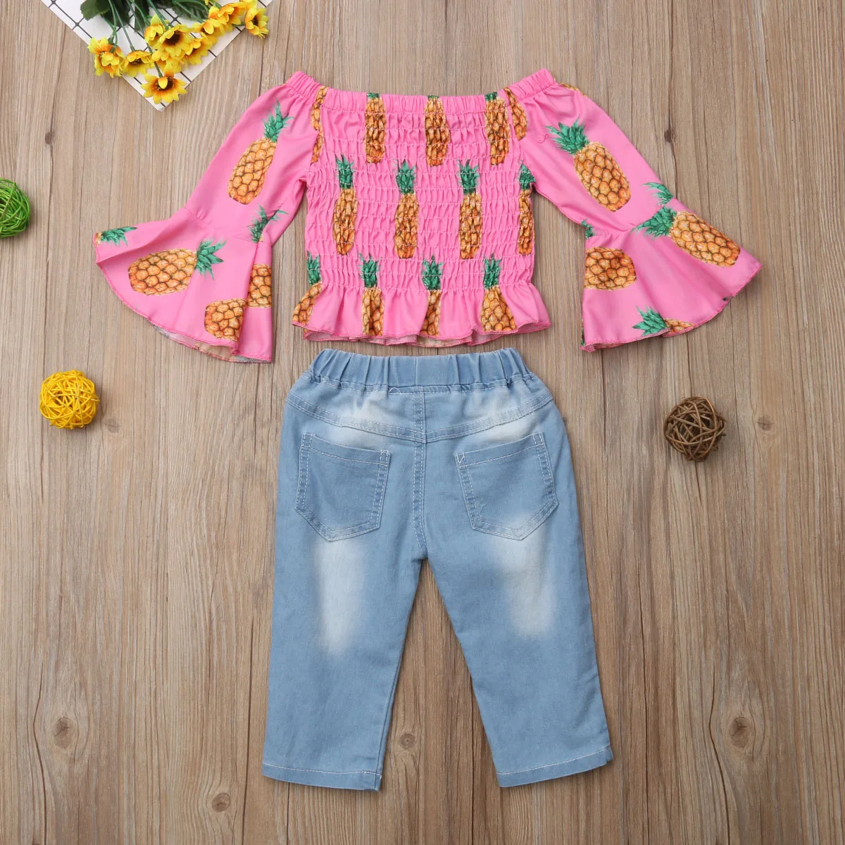 1-5Y Fashion Pretty Infant Kids Baby Girls Clothes 2PCS Flare Sleeve Pineapple Print Tops+Denim Long Pants |