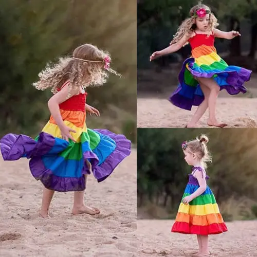 2019 Brand Girls Kid Baby Princess Sleeveless Tutu Dress New Summer Boho Bandage Rainbow Stripe Party Wedding Flower | Детская одежда и