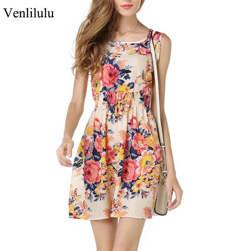 Шифоновые платья без рукавов мини линия 2019 летнее платье с цветочным рисунком