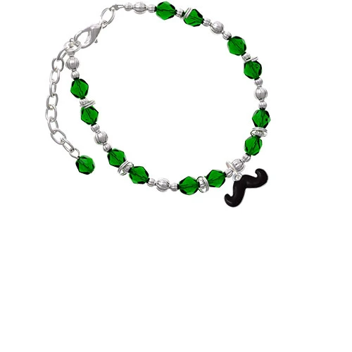 Silvertone маленький черный эмалевые Усы с зеленым бисером браслет| |