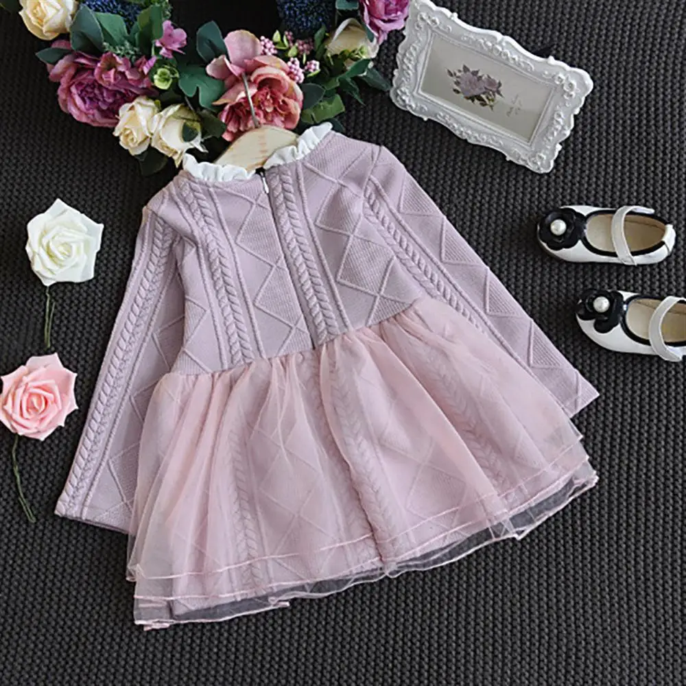 2018 Autumn Girls Dress Children's Solid Color Mesh Stitching Long-Sleeved A-Line Casual | Детская одежда и обувь