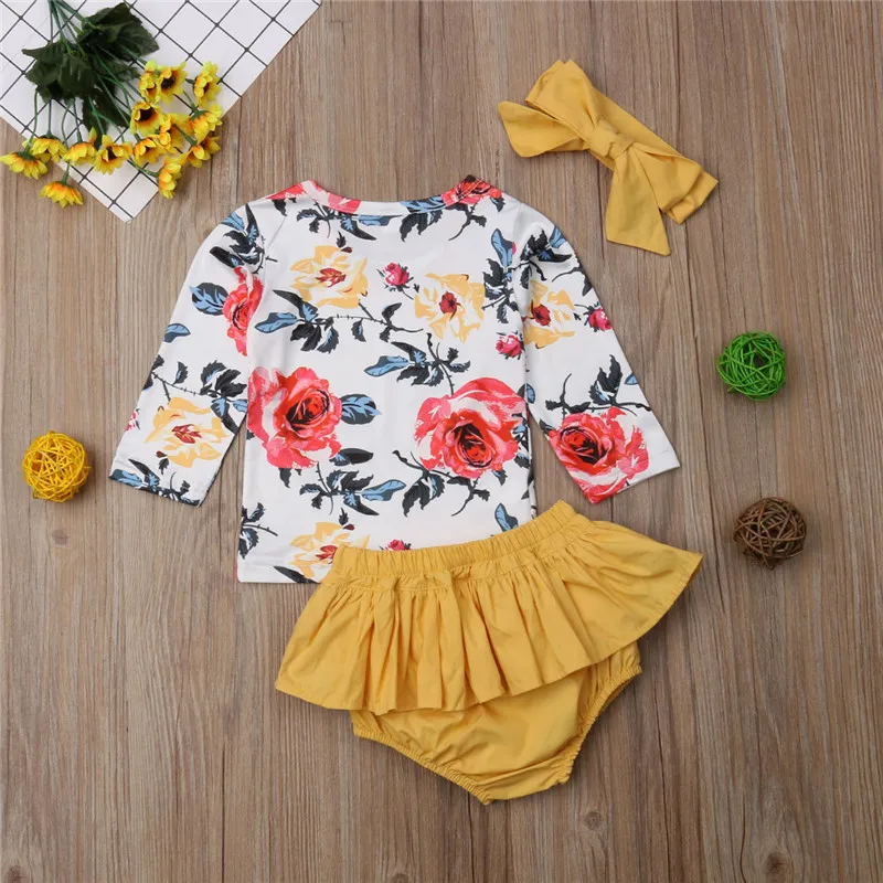 Autumn Long Sleeve Floral T-shirt Ruffle Shorts Girls Clothing Cotton Outfits 3PCs 0-24M Newborn Infant Baby Girl Clothes Set | Детская
