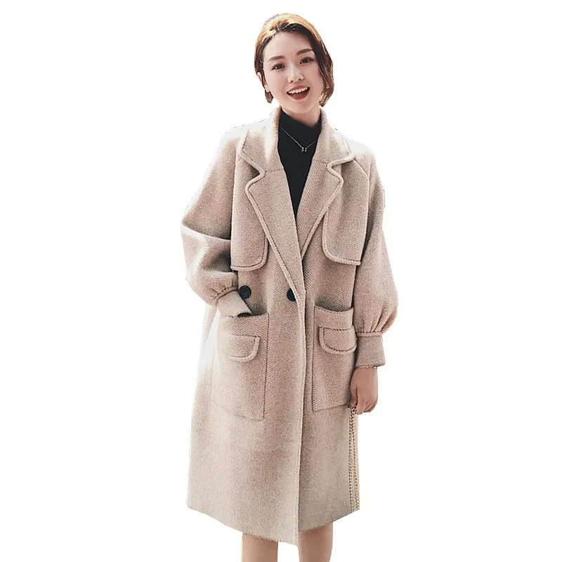 Winter Fashion Milk Tea Color Loose Woolen Coat Women 2018 Long Paragraph Puff Sleeves Thick Overcoat Warm Cashmere Jacket Ls237