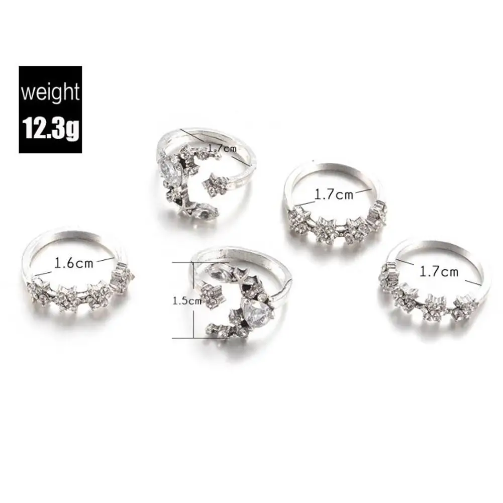 DreamBell 5pcs/Set Women Rings Silver Color Rhinestone Delicate Star Moon Crystal Ring Set Female Jewelry | Украшения и