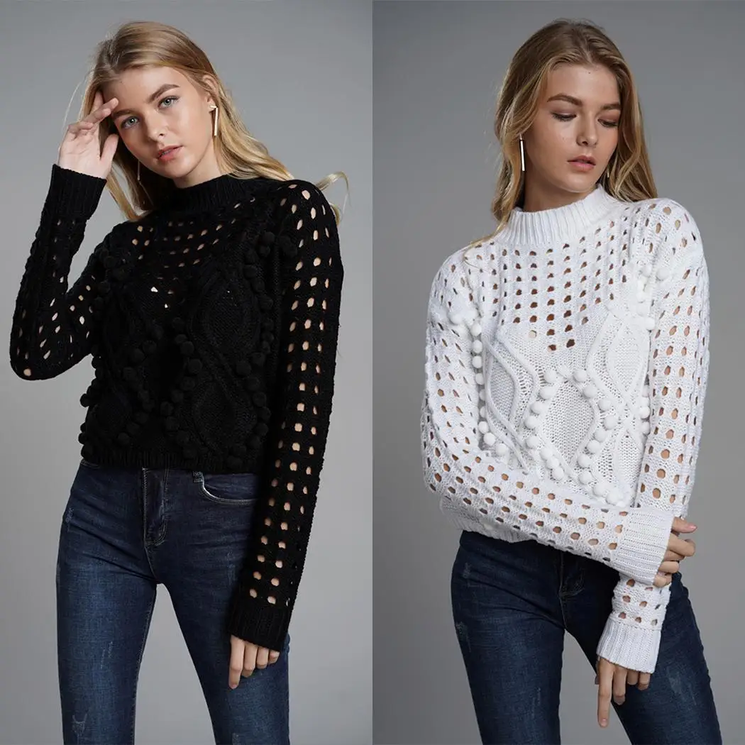 Women Casual Turtleneck Long Sleeve Solid Loose Hollow Autumn Winter Black White Pullover Sweater | Женская одежда