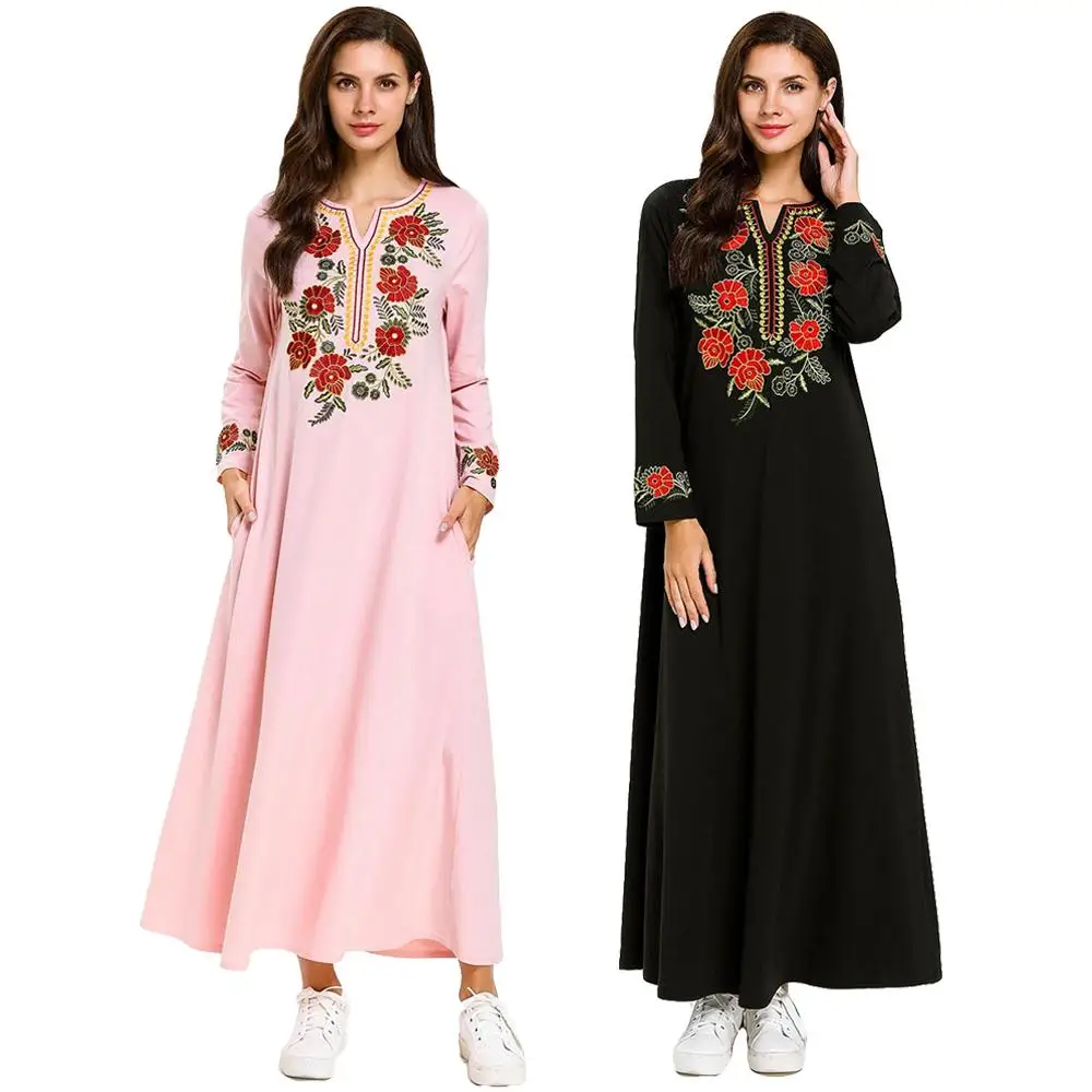 Платье с длинным рукавом Vinatge платье цветочной вышивкой в стиле Абайи