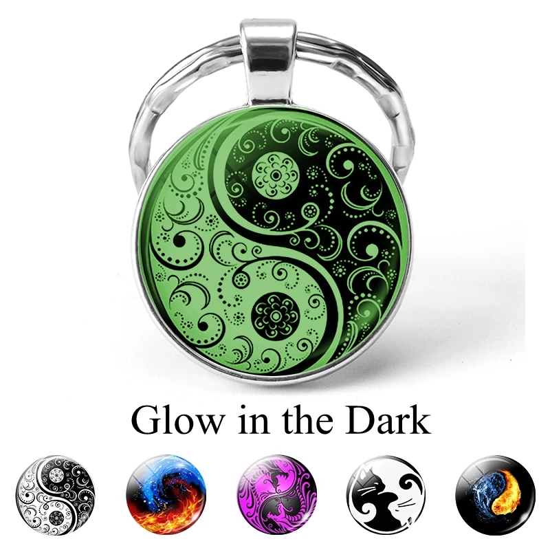 

Yin Yang Luminous Cabochon Jewelry Yin Yang Flower Cat Dragon Keychains Key Rings Glow In The Dark Jewelry Pendant