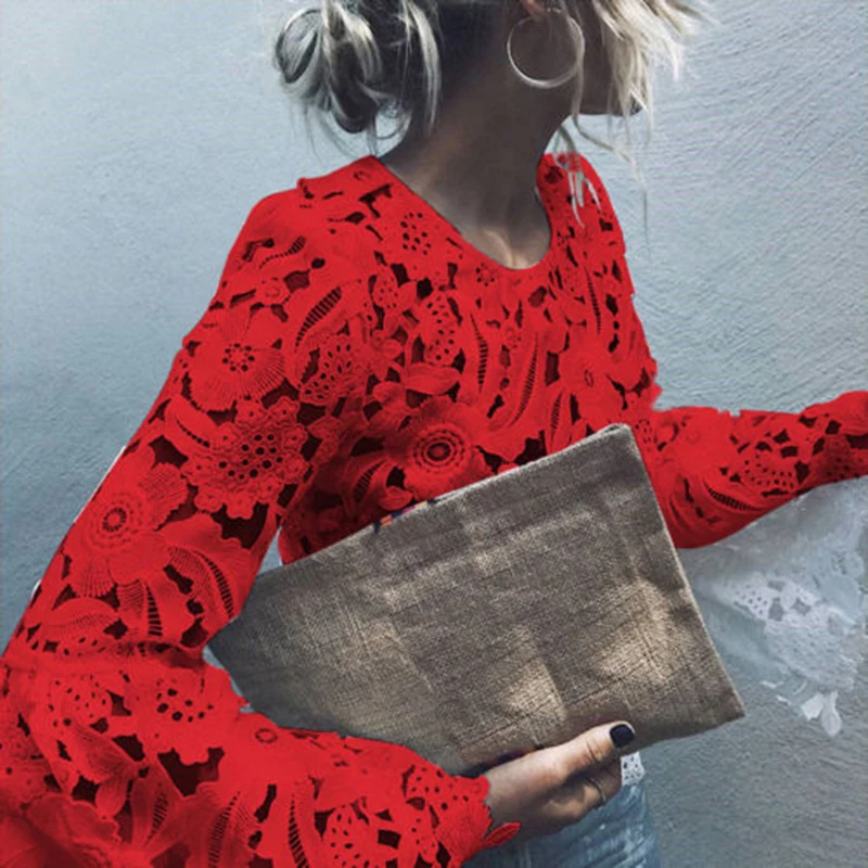 Женский длинный рукав колокол рубашка полые кружевные блузки Топ Красота тонкая