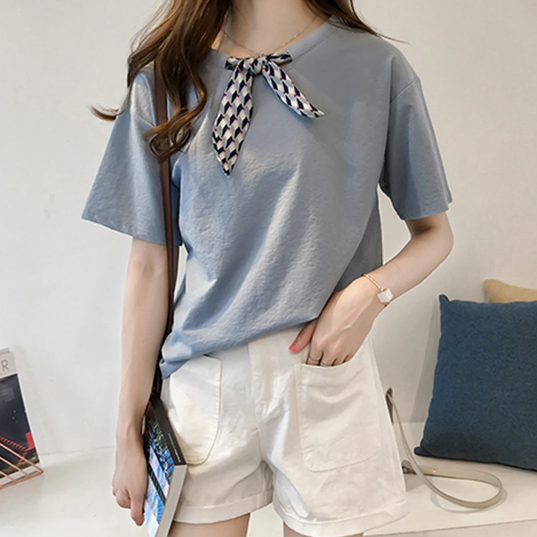 Женские рубашки с бантом большие размеры Корейская блузка галстуком бабочкой