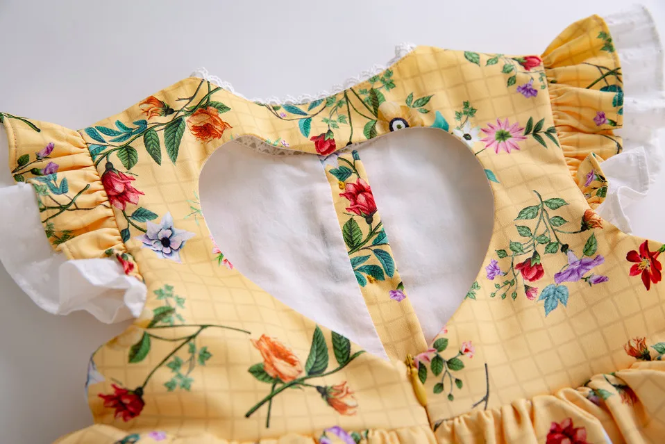 Pettigirl Yellow Girl Flower Printed Dress Heart-shaped Hollow Boutique Baby Clothes With Bows &amp Headwear G-DMGD201-B493 | Детская