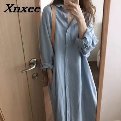 

Женское однобортное платье-рубашка, Свободное длинное однотонное платье-рубашка с длинным рукавом, разрезом сбоку, Солнцезащитная рубашка,...