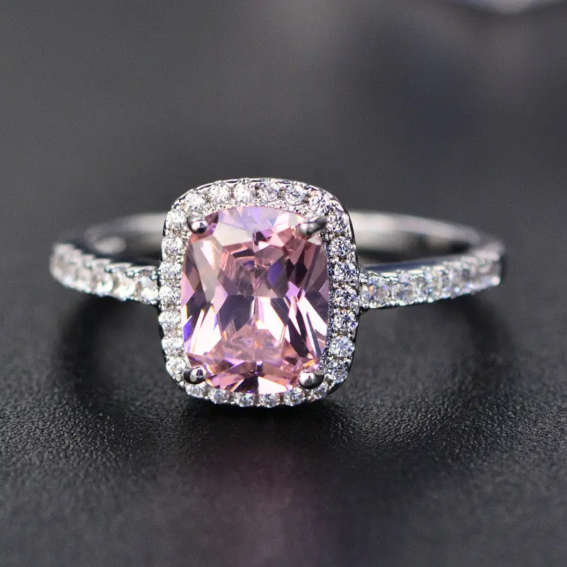 

Exquisite Pink Zircon Princess Wedding Ring White Gold Jewelry Size 5-11 Women Ring Jewelry Gifts Band Party Engagement Ring