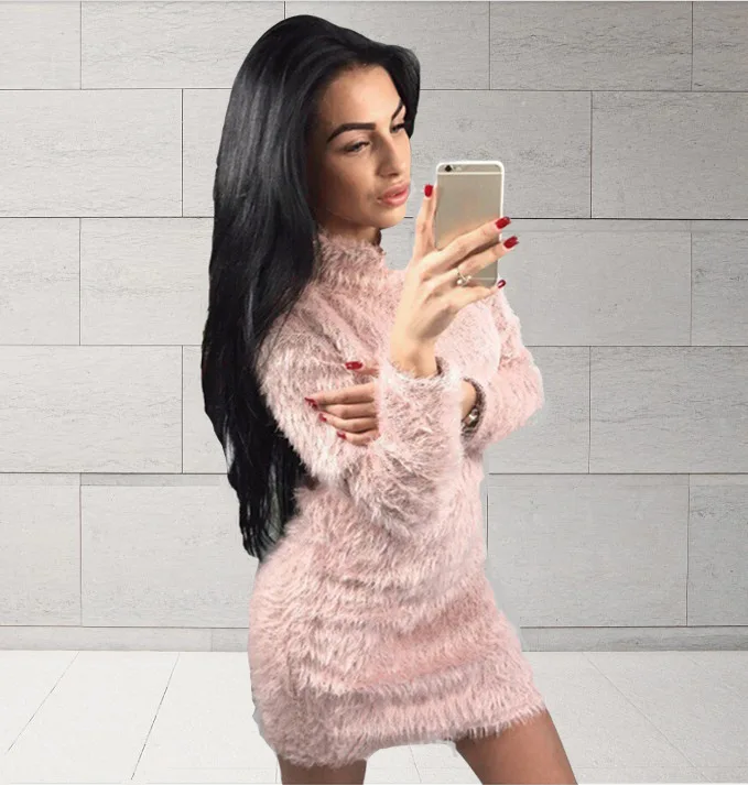 Women's hairy high neck long sleeve sweater dress loose Pullover warm | Женская одежда