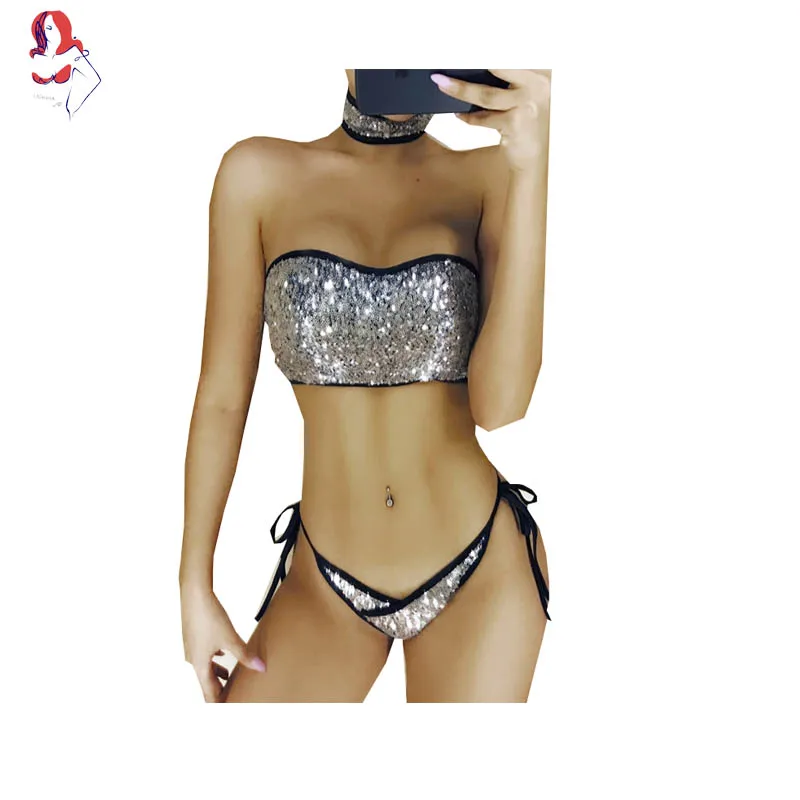 UCHIHA LQ новый сексуальный блёстки без бретелек Бикини 2017 Bling Купальник Холтер для