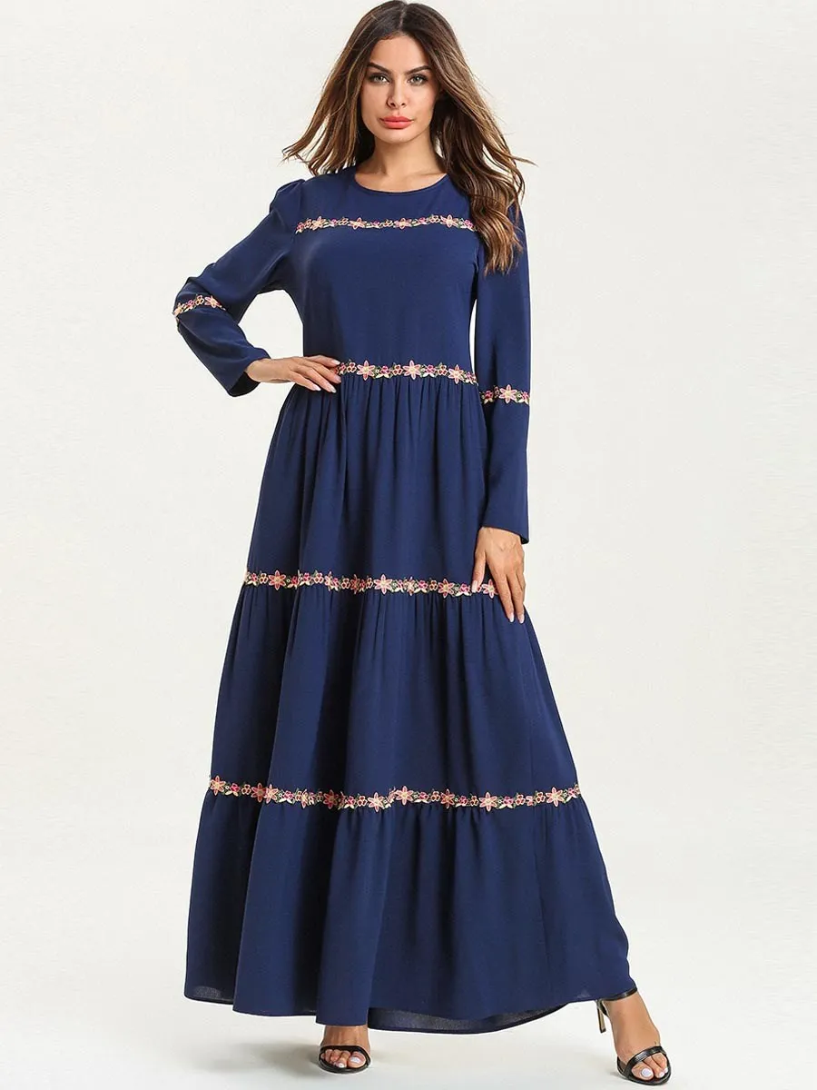Loose Women Long Muslim Dress Round Neck Sleeve Maxi Ethnic Embroidery Ruffles Swing | Женская одежда