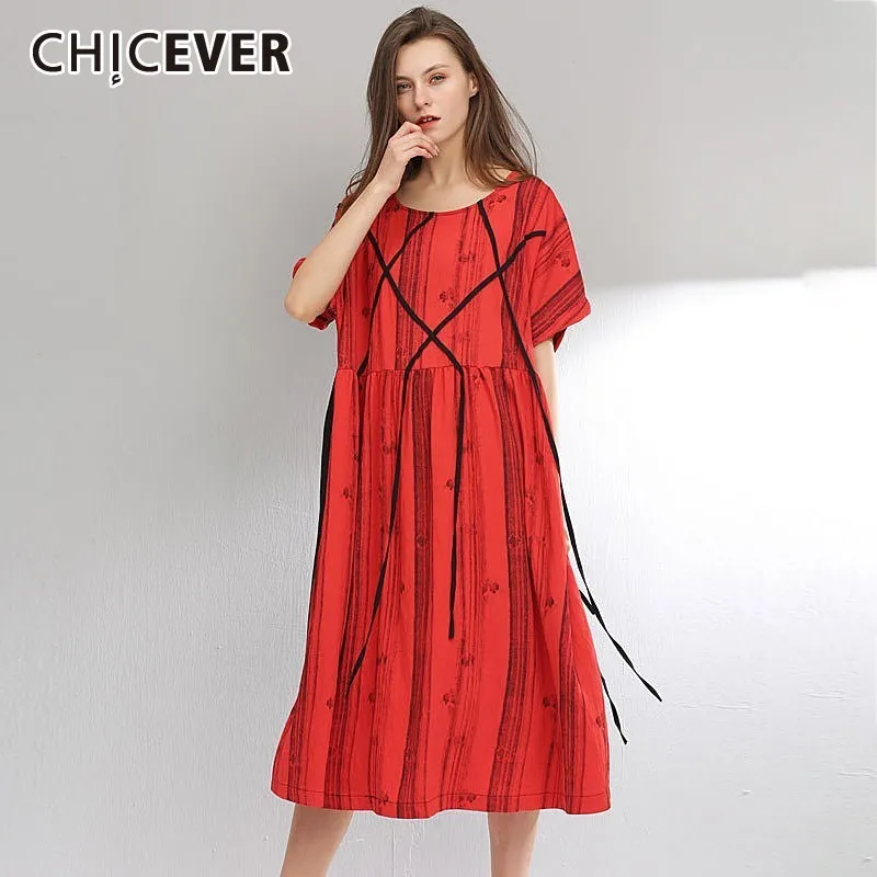 CHICEVER Повседневное лоскутное печати женское платье с круглым вырезом короткий