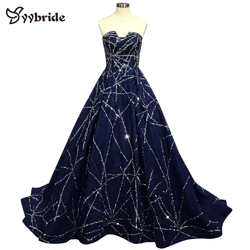 

YYbride New Design A-Line Strapless Prom Dresses Hand Sewing Beading Crystals Dark Navy Sleeveless Chapel Train Evening Dresses