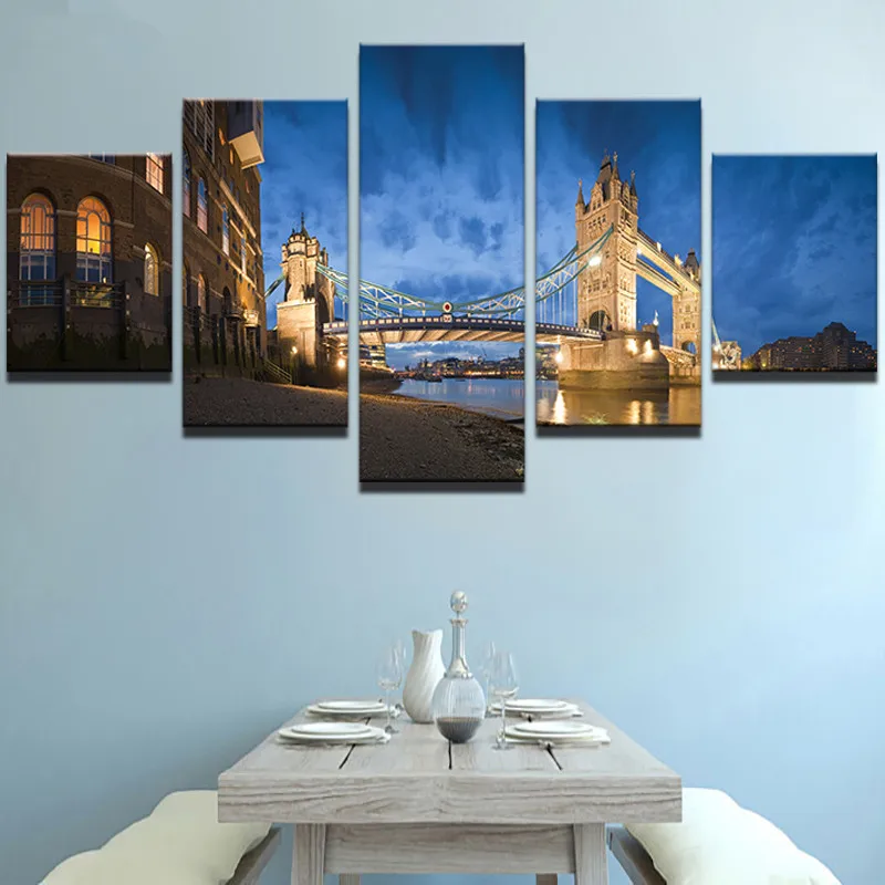 

Modern Artwork Canvas Prints Decor Pictures 5 Pieces London Bridge Night Landscape Painting For Living Room Wall Art Framework