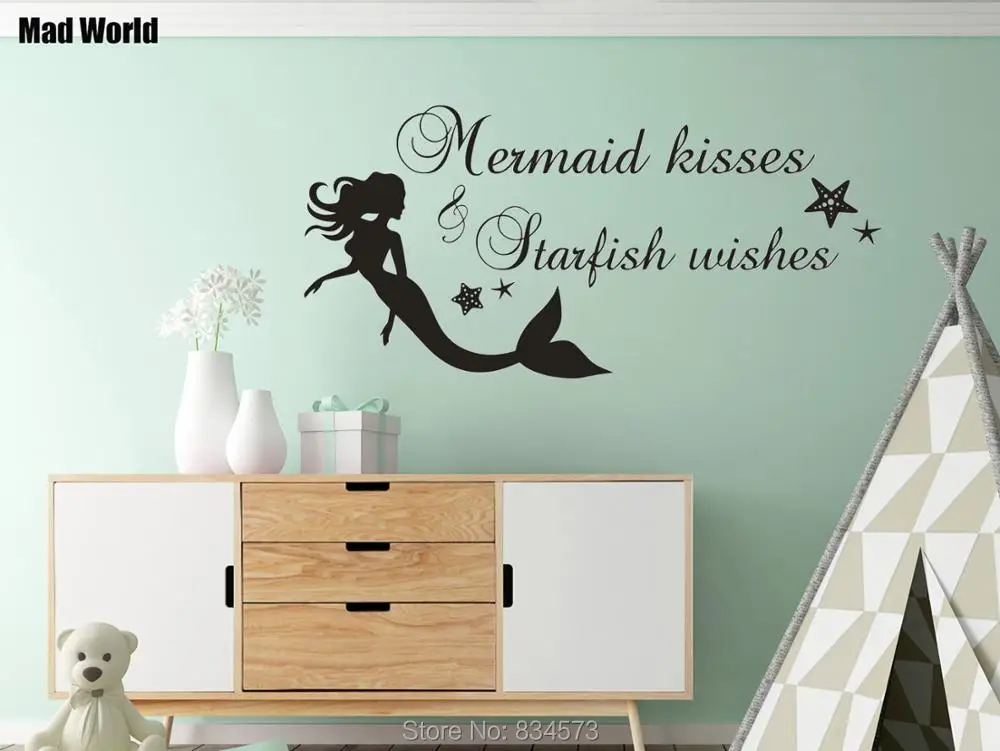 

Mermaid Kisses And Starfish Wishes Mermaid Wall Art Stickers Wall Decal Home DIY Decoration Removable Room Decor Wall Stickers
