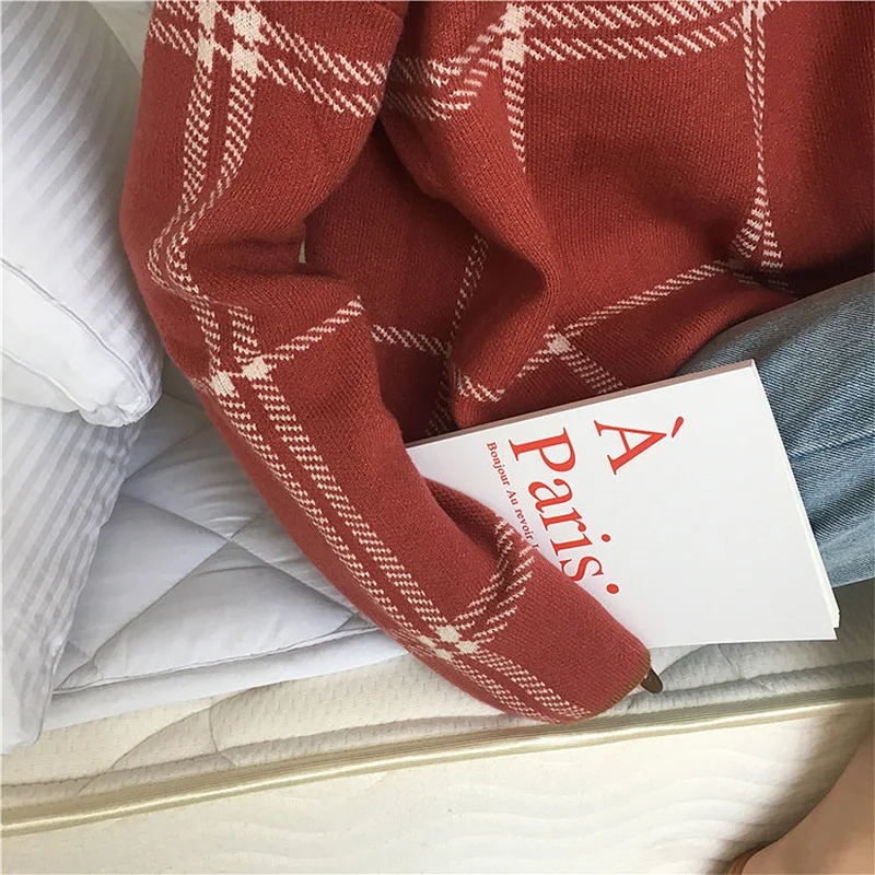 Свитер женский вязаный в клетку с длинным рукавом | Женская одежда