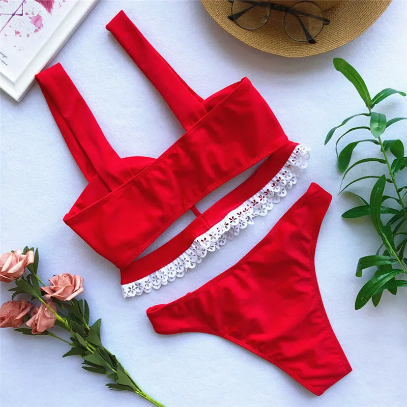 

Women Sexy Bikini Set 2019 Solid Color Swimsuit Lace Patchwork Swimwear Bathing Suit Beach Holiday Swimsuits Brazilian Biquini