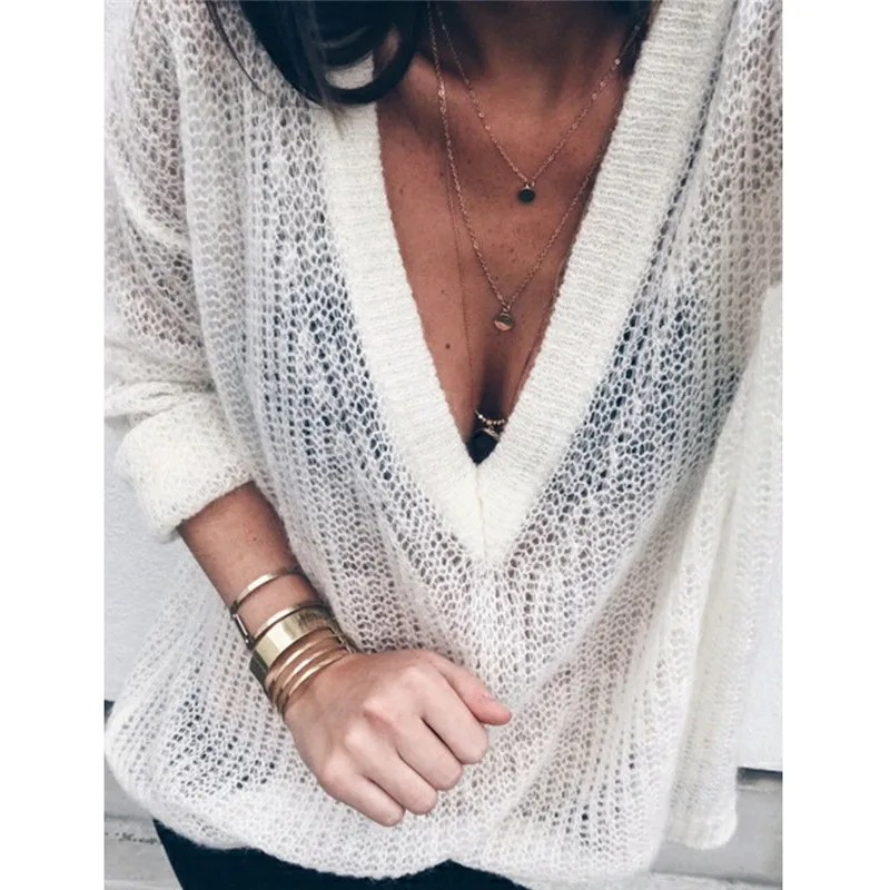 S-5XL Women V-Neck Knitted Sweater 2018 Autumn Thin Solid Long Sleeve Loose Jumper Tops Oversize Pullover Casual Sweaters | Женская