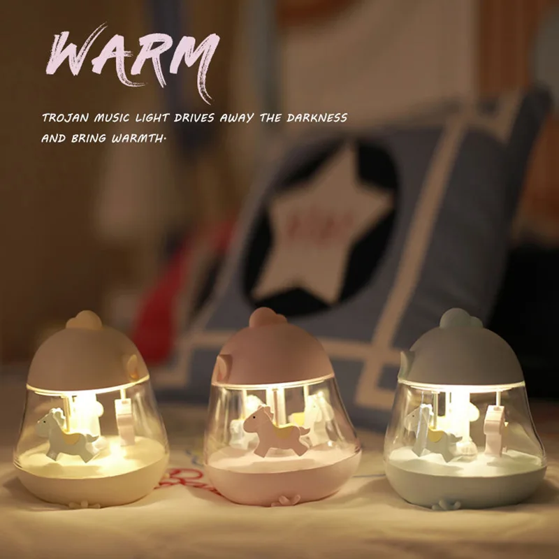 Children's Interesting Gift Usb Rotating Wooden Horse Music Lamp Led Colorful Atmosphere Eyeshield Touch Small Night-light | Лампы и