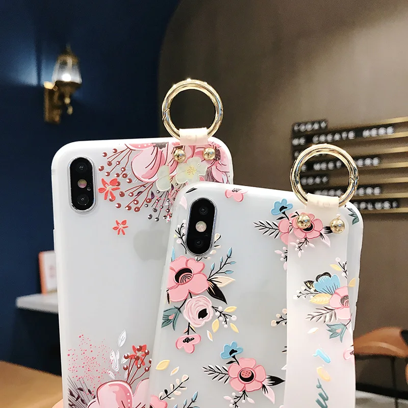 S10e Case Wrist Strap Soft Cover For Samsung Galaxy S8 S9 S10 Plus Note 8 9 3D Relief Flower Stand Coque With Finger Ring |