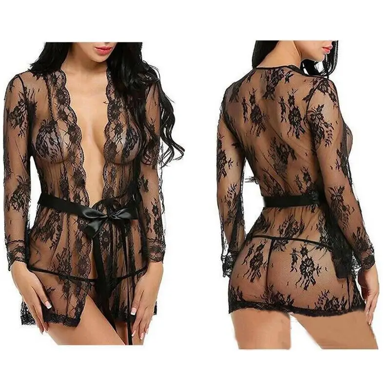 Женская сексуальная Шелковая пижама Babydoll, Кружевная Сетка, перспективный халат, длинный рукав, v-образный вырез, сплошной цвет, простой тонкий пояс, сексуальная пижама