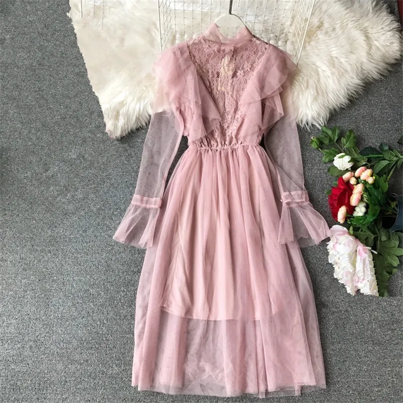 Осеннее прозрачное кружевное платье для вечеринок Vestidos Mujer с бантом на воротнике
