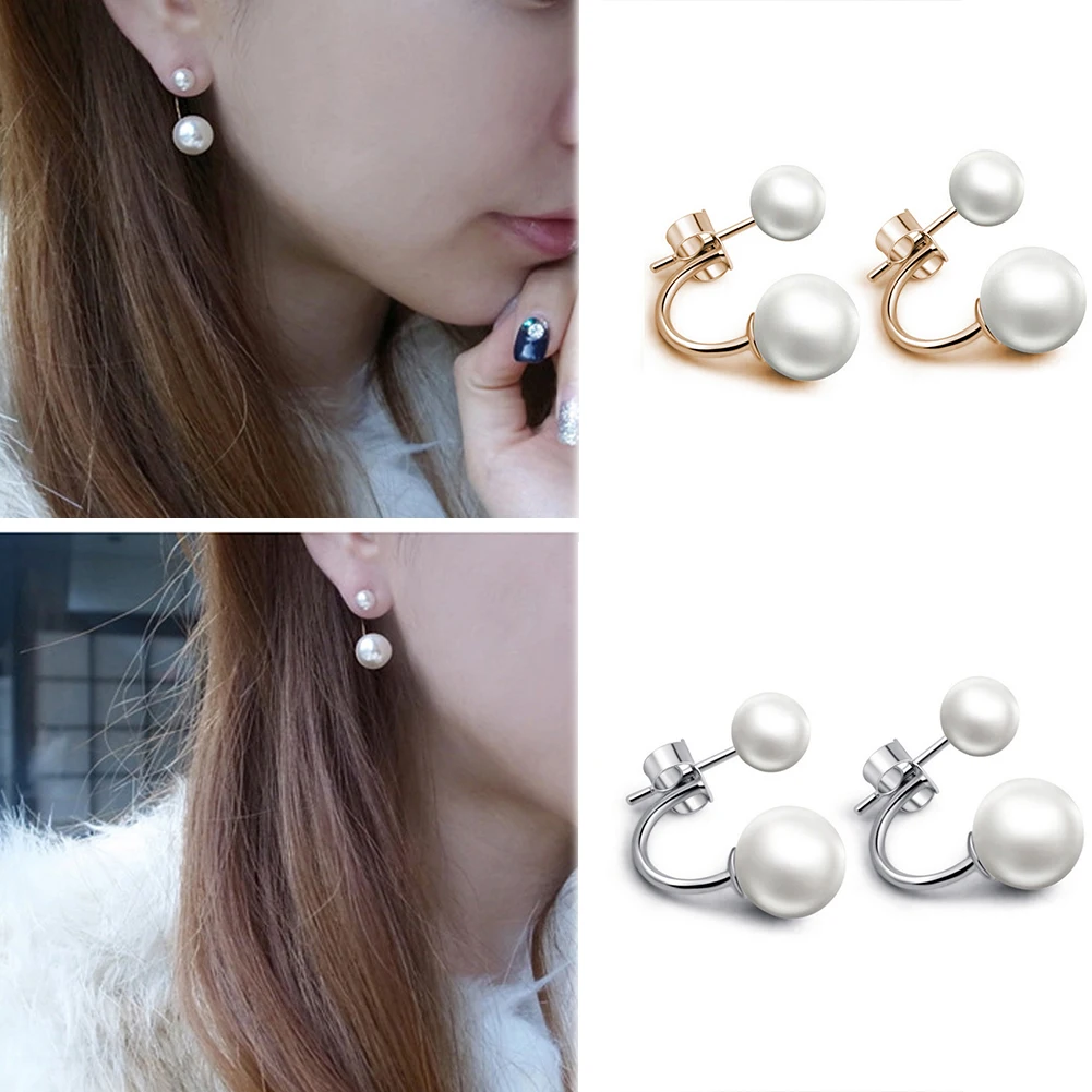 Women's Double Side Simulated Pearl Ball Stud Earrings 2019 Fashion Gold Silver Round Metal Push-Back Jewelry For Women | Украшения и