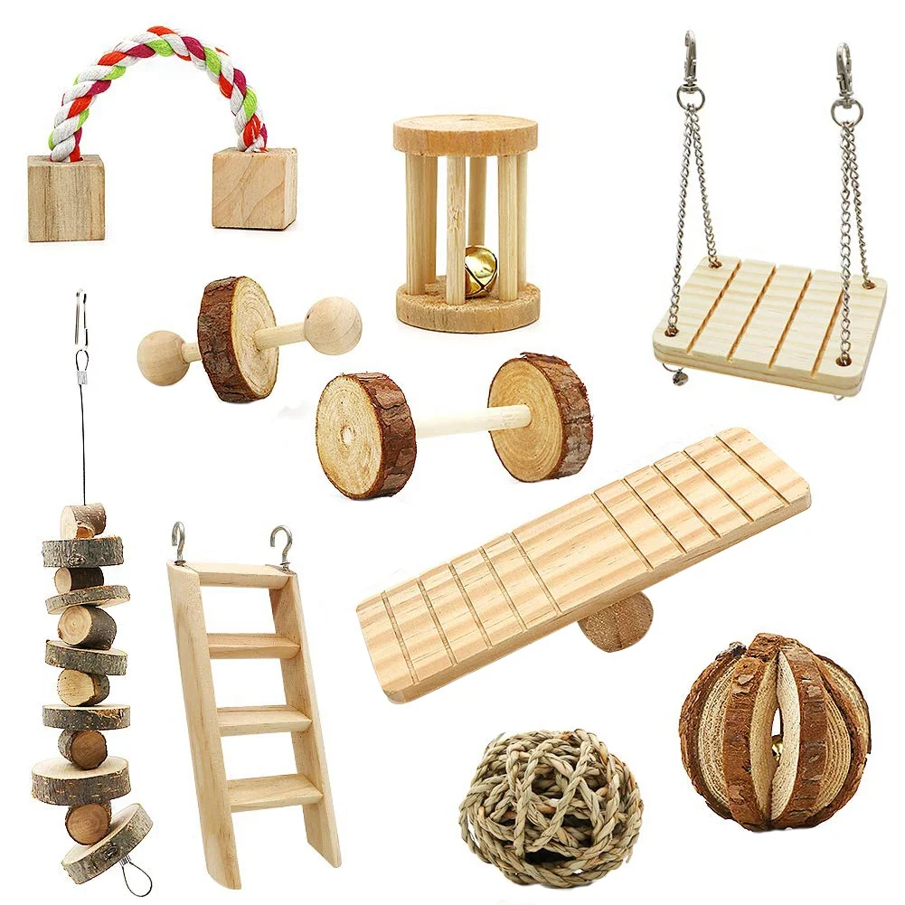 

10 Pack Hamster Chew Toys, Natural Wooden Pine Guinea Pigs Rats Chinchillas Toys Accessories Dumbells Exercise Bell Roller Tee