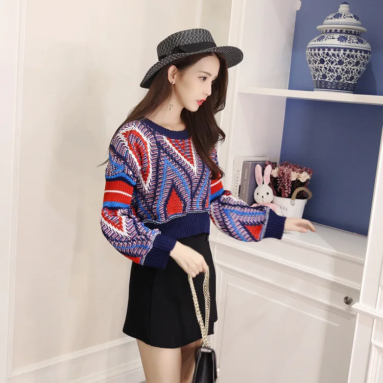 Vefadisa Mixed Color Geometric Pattern Sweater Women Short O-Neck Pullover Lantern Sleeve Jumper Tops ZLD438 | Женская одежда