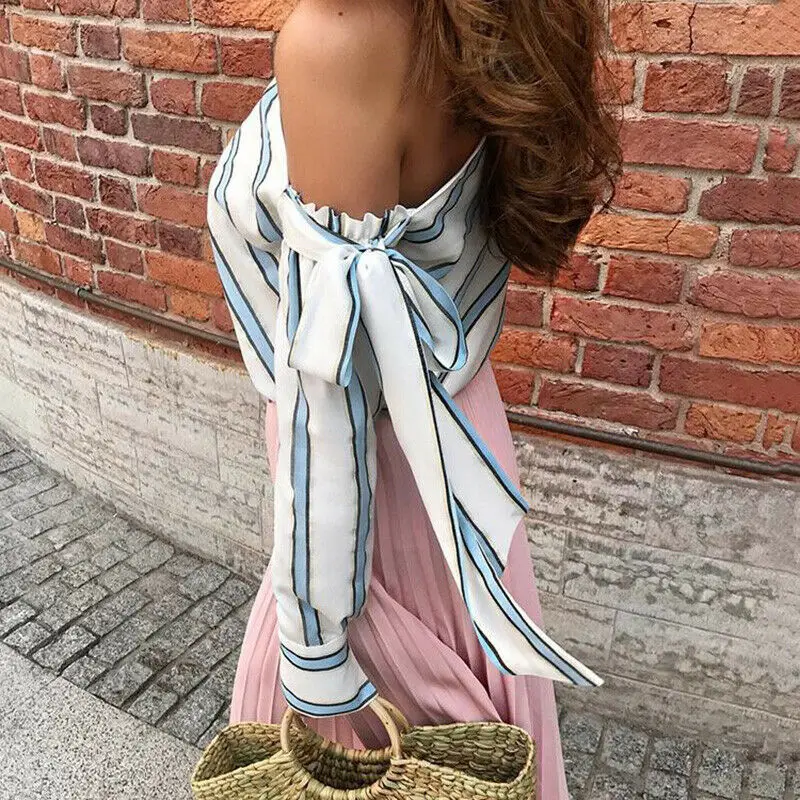 Женская Асимметричная блузка в полоску с одним открытым плечом и длинным рукавом