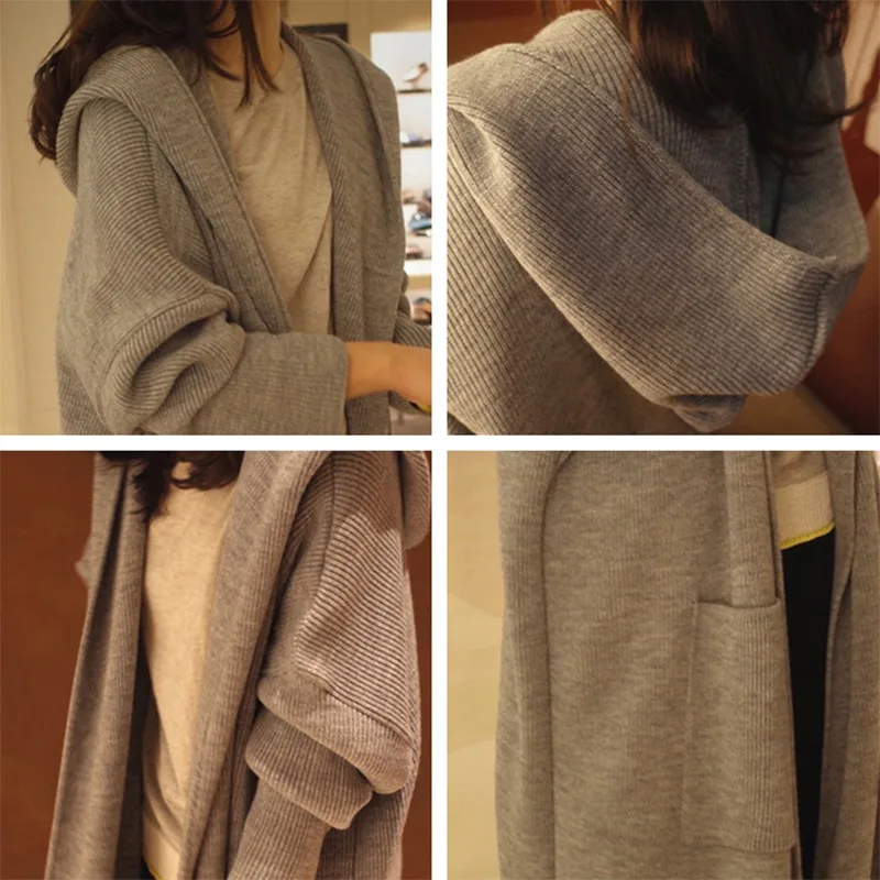 Женский вязаный кардиган с капюшоном повседневный свободный свитер длинным