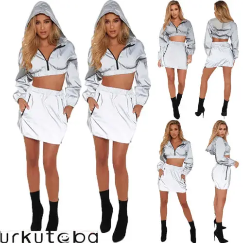 

AU Women Sexy V Neck Zip Crop Top Shiny Set Tracksuit Clubwear Jacket Skirt Outwear Cloth Sets