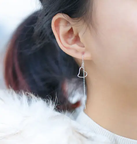 S92-5 Sterling SIL Fashion JewelryHollow Heart Dangle Thread Long Line Threader Earrings A1887 | Украшения и аксессуары