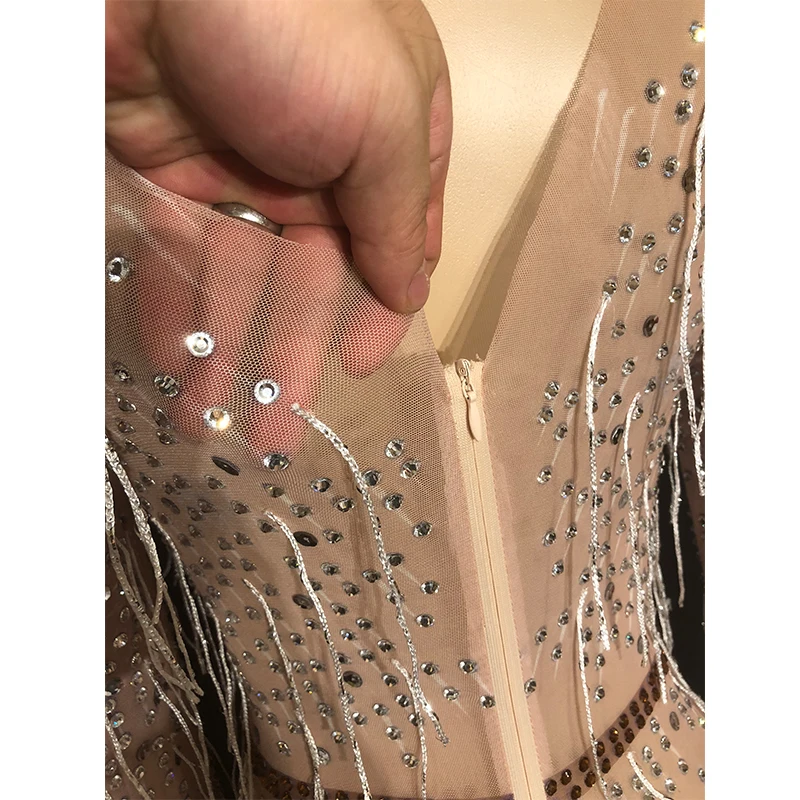New Woman Mesh Sexy Glisten Silver Rhinestones Jumpsuit Tassel Perspective Evening Costume Women's Dance Wear | Женская одежда
