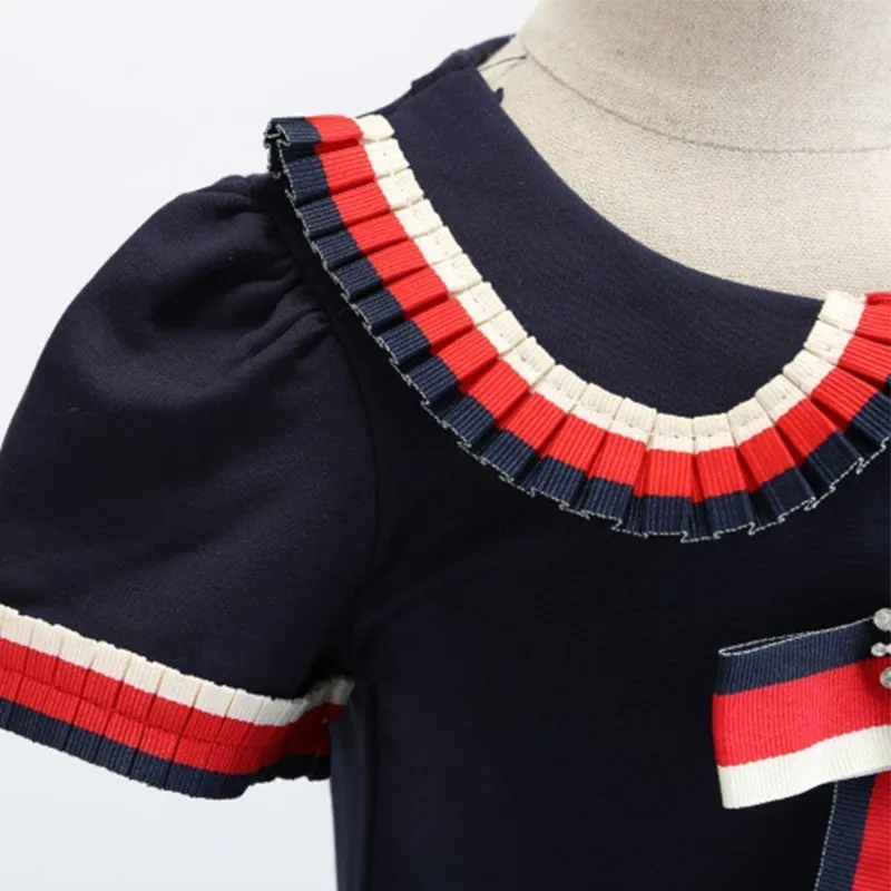 2019 Spring Summer Kids Dresses O-Neck Short-sleeved College Wind Bow Cotton Quality Girls Dress Girl Children Clothes 2-8 Years | Детская