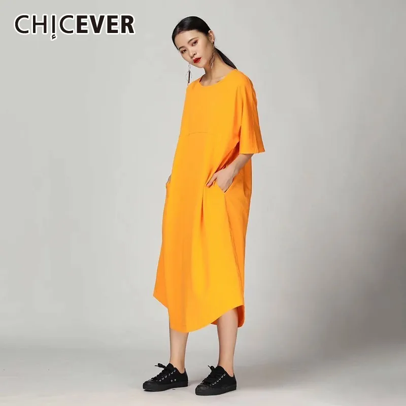 CHICEVER весеннее повседневное однотонное женское платье с круглым вырезом коротким