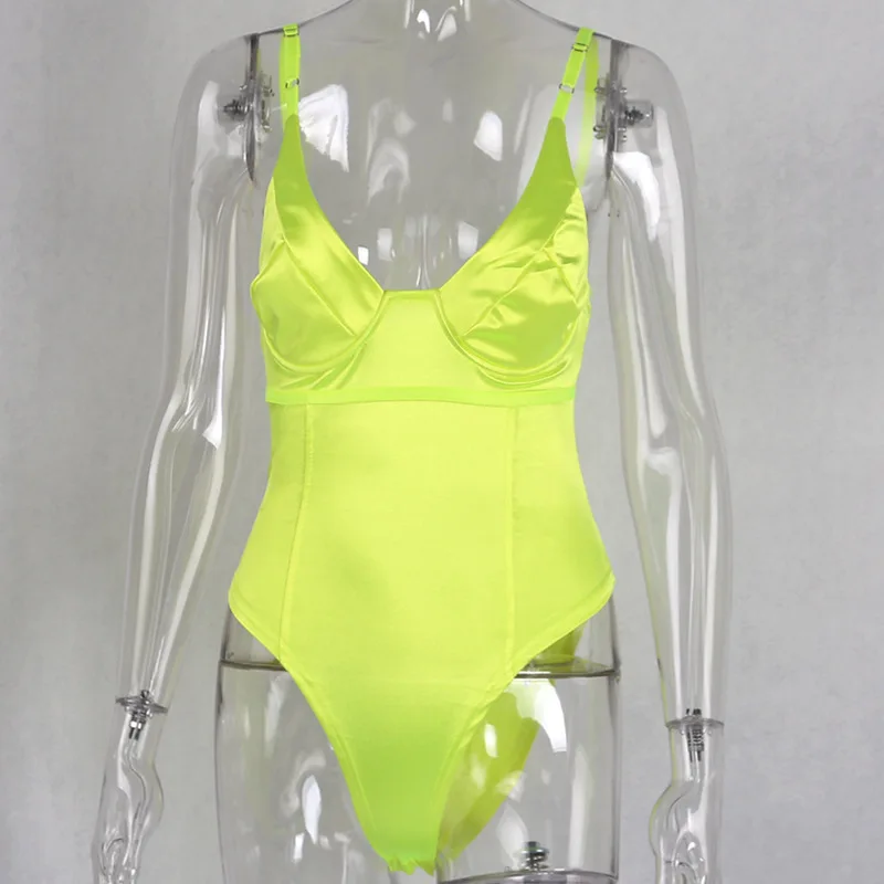 

AIUJXK New Arrival 2019 Sexy Neon Green Bodysuit Women Summer V Neck Backless Spaghetti Strap Club Bodysuits Fashion Body Top
