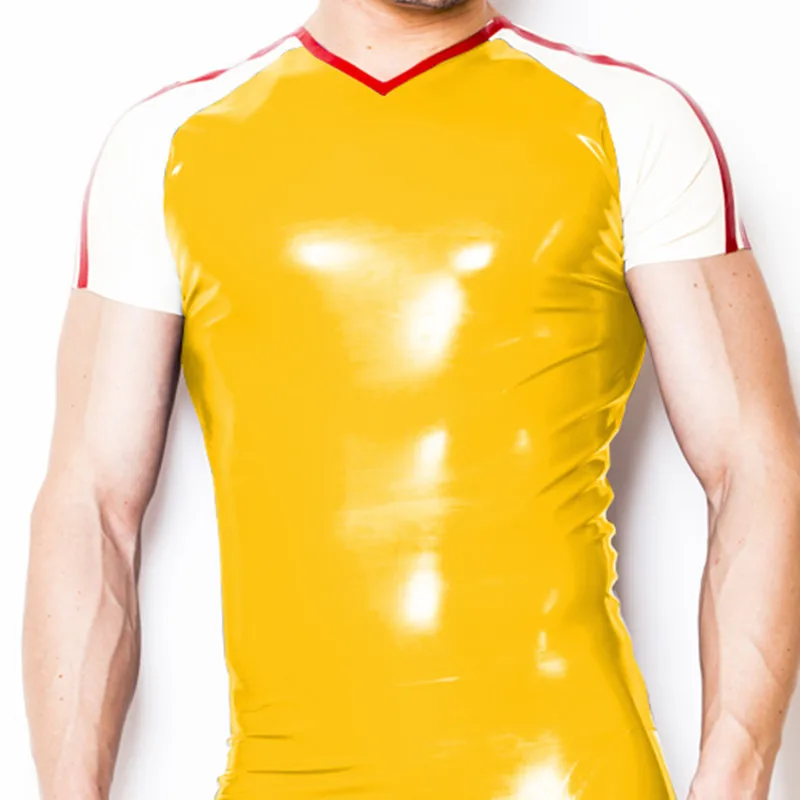 

100% Pure Latex Men Handsome Top Fashion Short Sleeve Yellow Red and White Jacket Size XXS-XXL