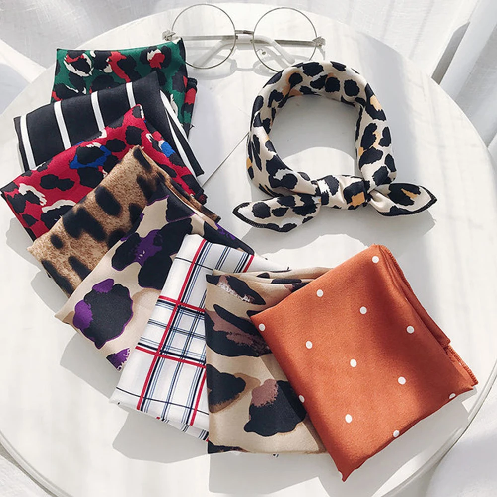 

50*50cm Fashion Polka Dot Leopard Silk Scarf DIY New Styles Women Head Neck Small Square Scarf Satin Hair Ties Bands Neckerchief