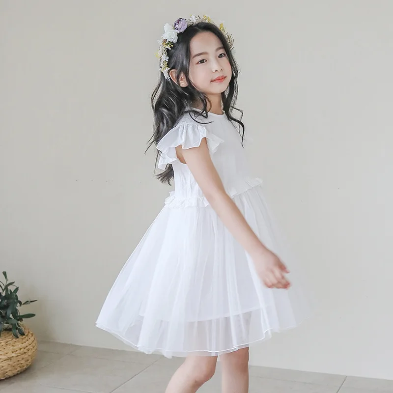 2020 белое кружевное платье для девочек детская одежда летнее шифоновое с коротким