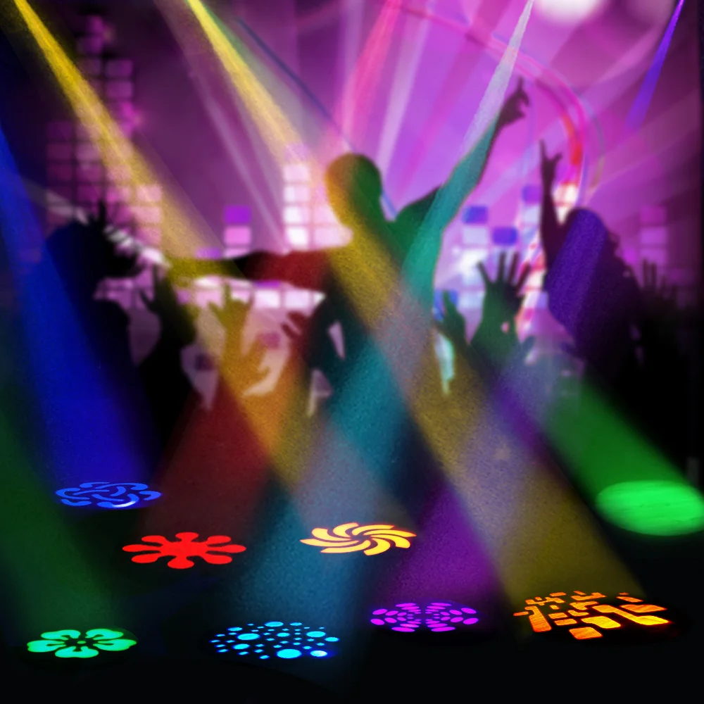 

9/11 Channel 25W Disco Party Light DMX512 Mini Moving Head Light 8 Colors LED Stage Light with Shapes Automatic Party Disco Show