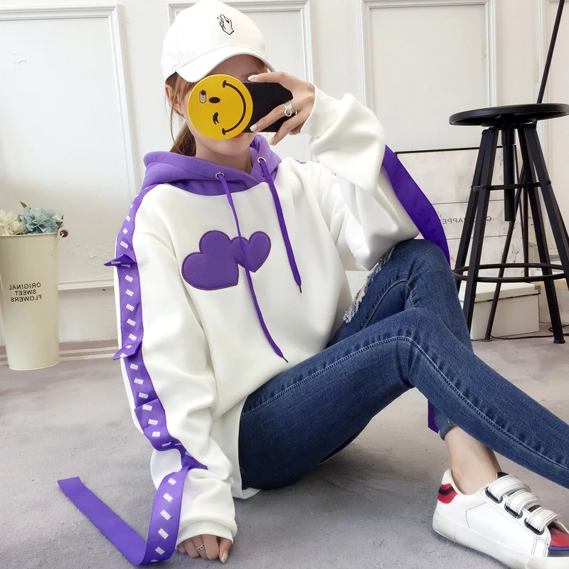 Женская толстовка с вышивкой в виде сердечек Harajuku очень Длинная лентами ярких