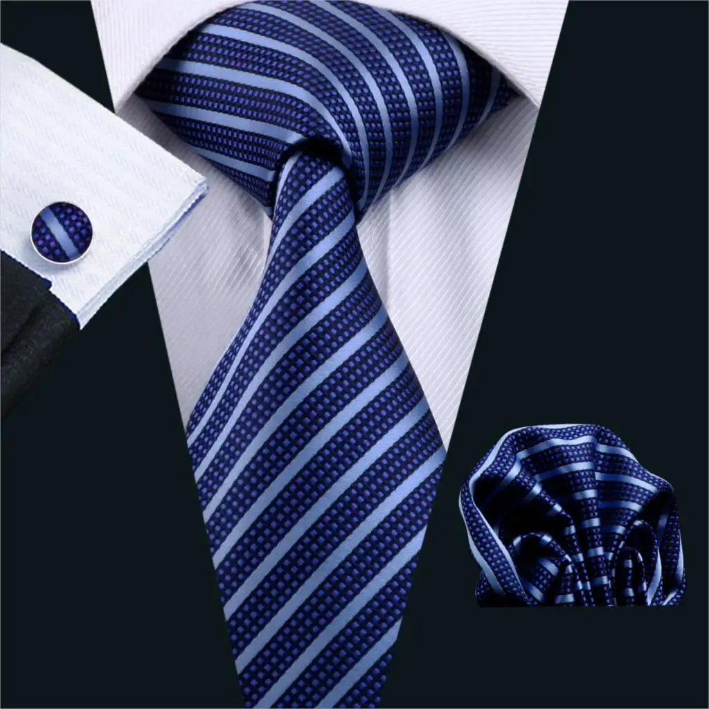 

DS-337 Gents Necktie Blue Stripe 100% Silk Jacquard Tie Hanky Cufflinks Set Business Wedding Party Ties For Men Wedding Gifts