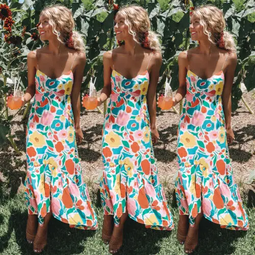 

Новинка 2019, модное женское летнее длинное платье Бохо с принтом и V-образным вырезом, вечерние пляжные платья, сарафан