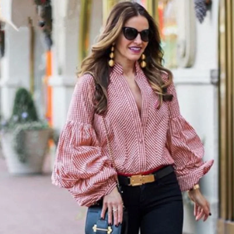 DEAT 2020 Fashion New V-neck Plaid Lantern Sleeve Women Shirt Casual Hot Sale Trendy Spring Tide Blouse Clothes BE671 | Женская одежда