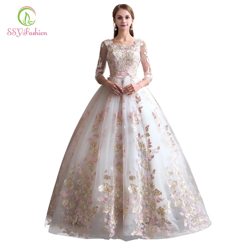 SSYFashion Новое кружевное свадебное платье невесты Элегантные аппликации 3/4 рукава